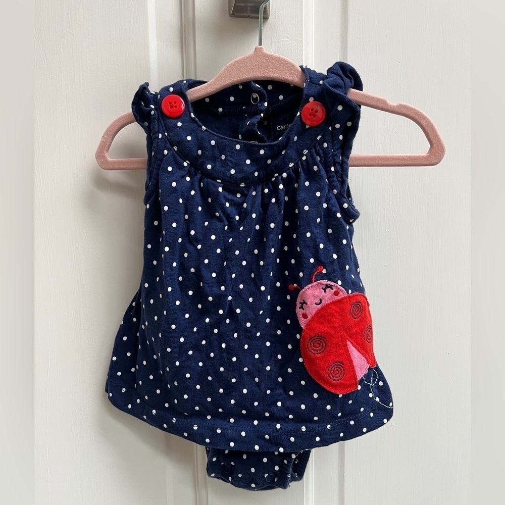 Carter’s 3M Blue and White Polka Dot Red Ladybug Girls Dress Onesie